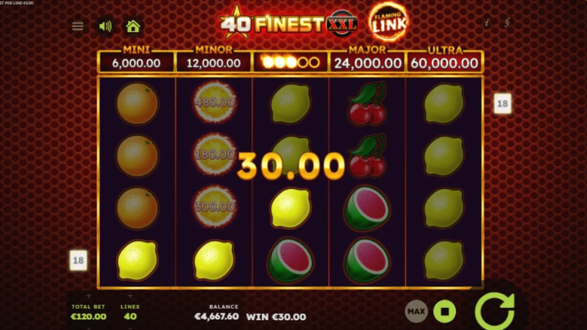 Tampilan visual slot 40 Finest XXL Flaming Link dengan simbol buah neon
