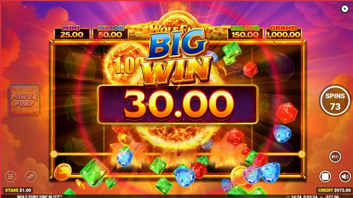 Tampilan visual slot Wolf Fury Fire Blitz dengan simbol buah dan serigala yang menyala